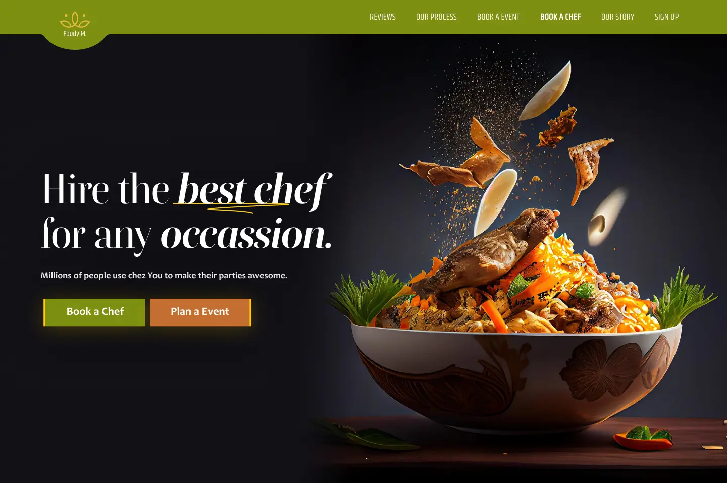 A website hero section that reads "Hire the best chef for any occasion" accompanied by a bowl of delicious looking vegetable friend rice.