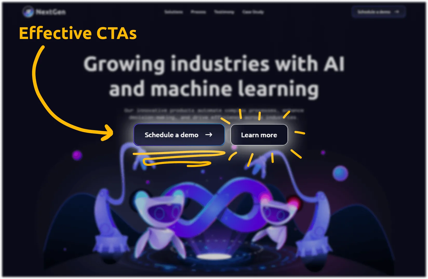 Showing good use of CTA buttons on a website's home page that read "Schedule a demo" and "Learn more"