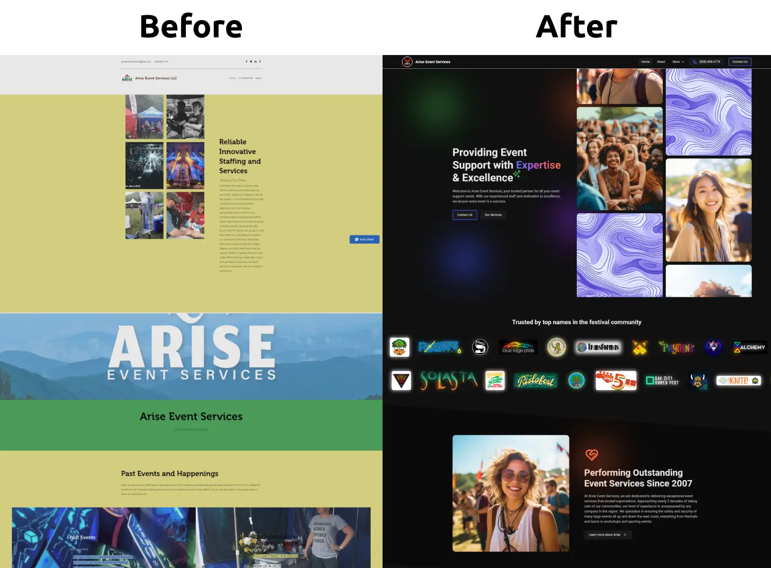 A local Asheville business's website before and after a rebrand, on the left showing poor design, and on the right a clean and cohesive design.