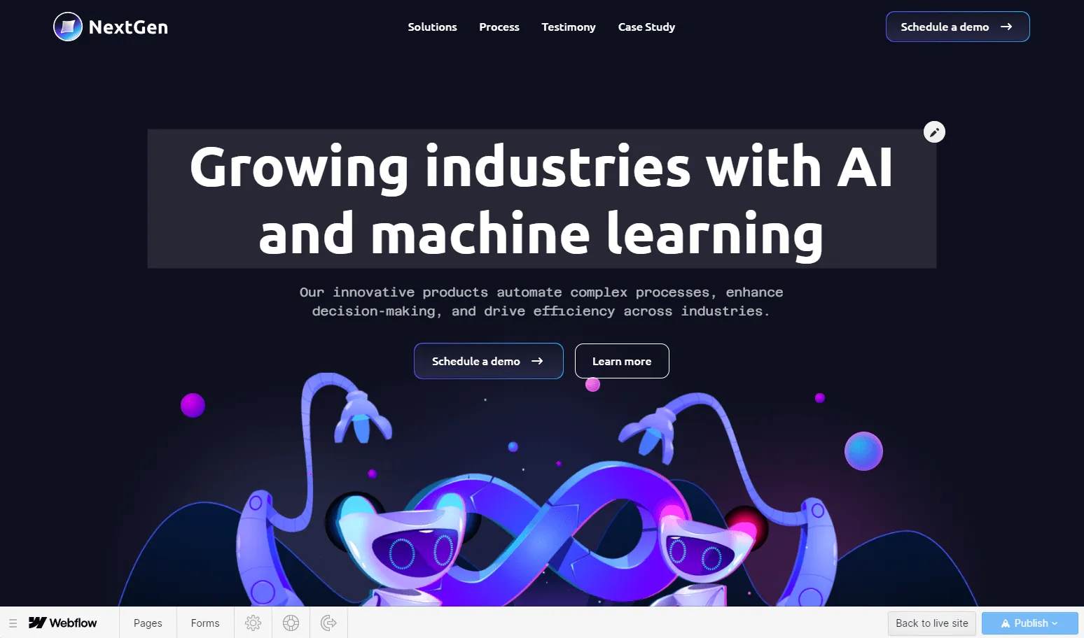 Webflow's CMS editor screen, showcasing one of Dalton's web design projects