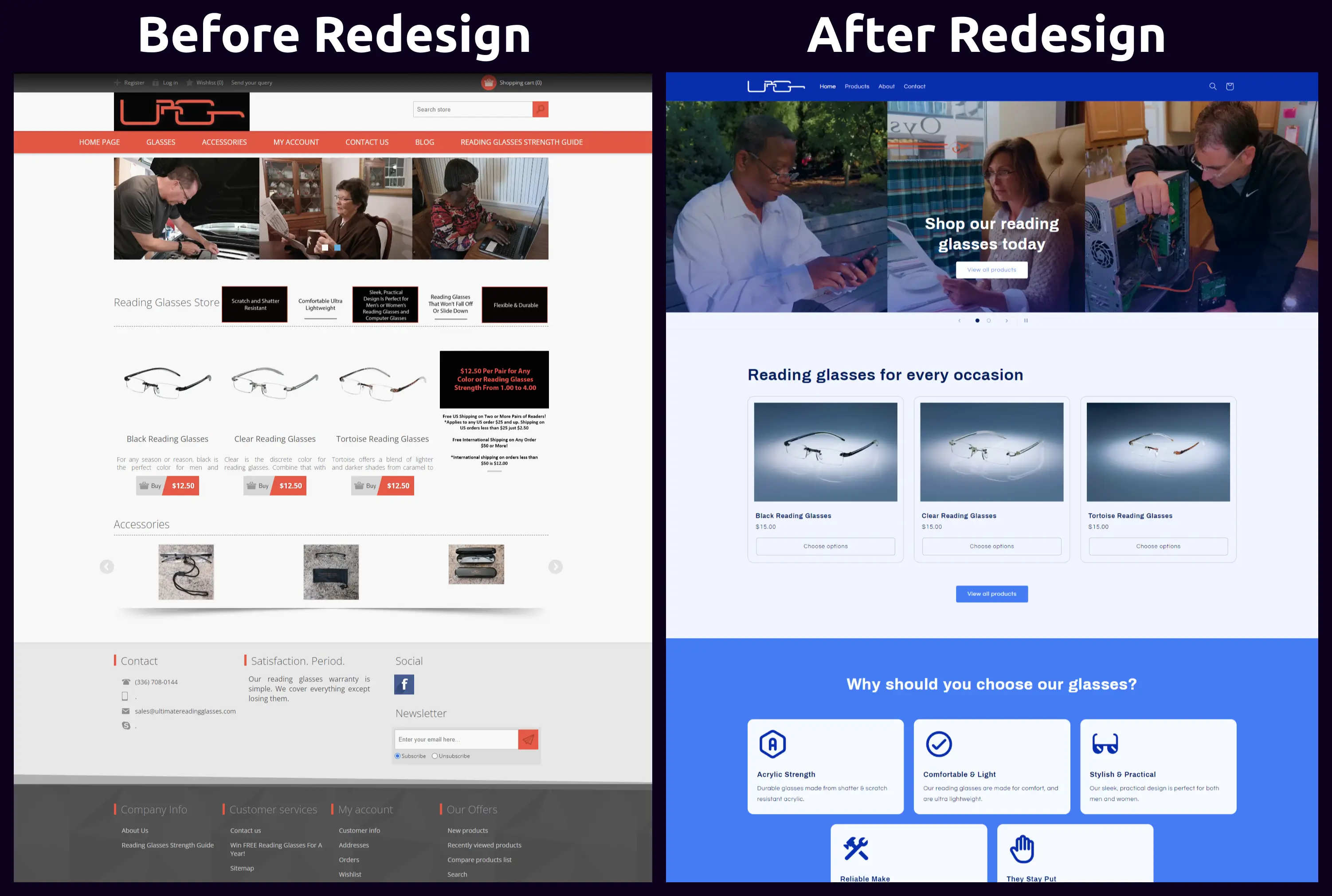 An Asheville Reading Glasses Company Website, before and after comparison of a professional redesign.