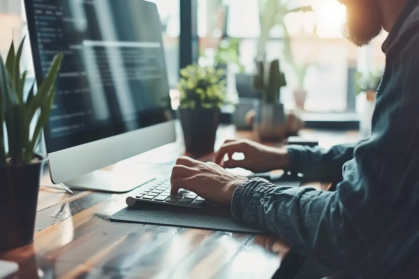 A well dressed business owner working at their computer and examining their website.