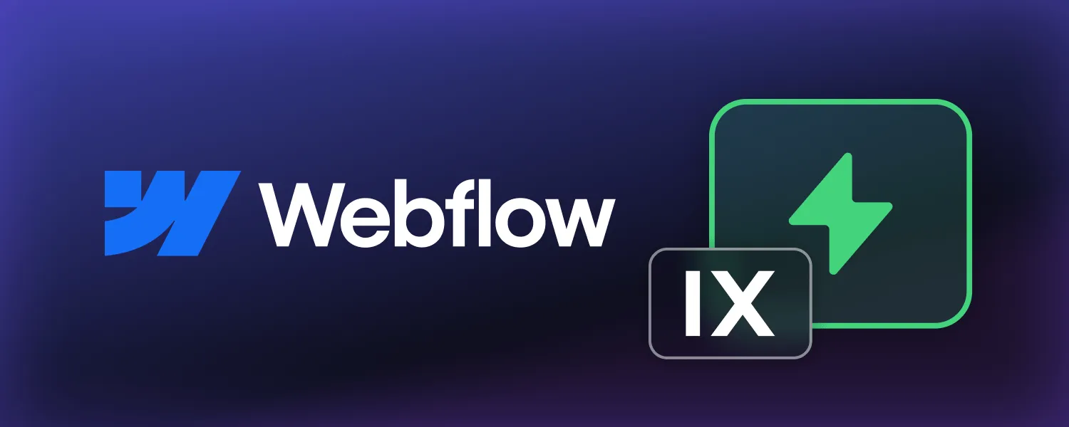 Webflow's Logo and their interactions symbol on a blue and purple background.