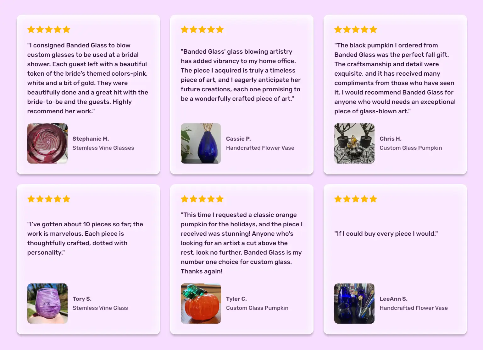 Showing customer testimonials for a local Asheville glass blowing artist aligned in a grid pattern.
