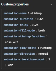 Animation properties displayed in Webflow