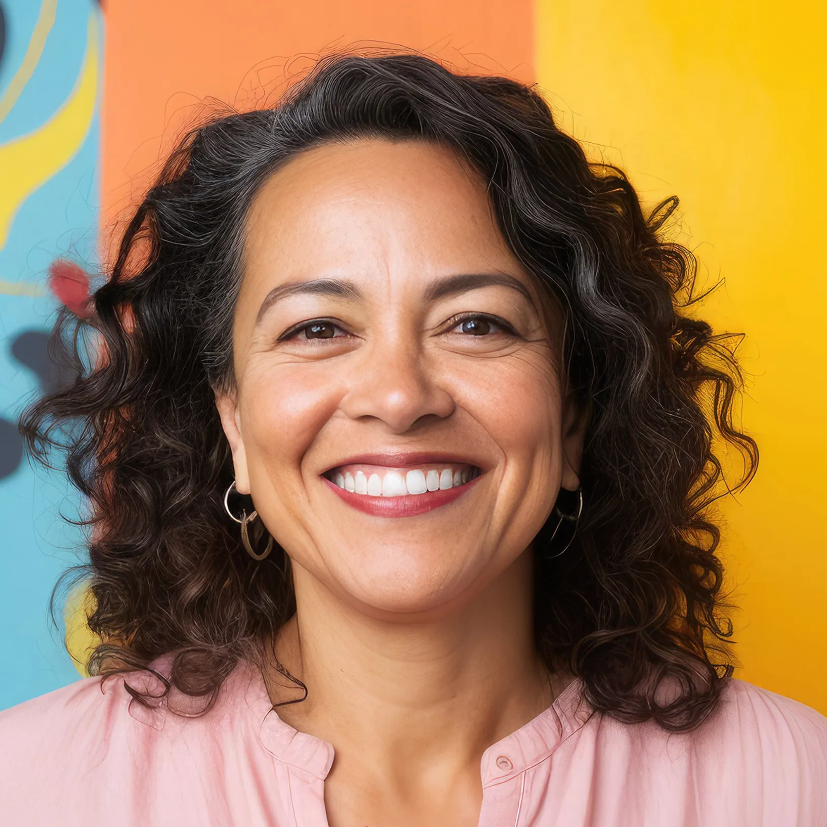Smiling middle-aged woman with curly dark hair wearing a light pink blouse against a colorful abstract background.