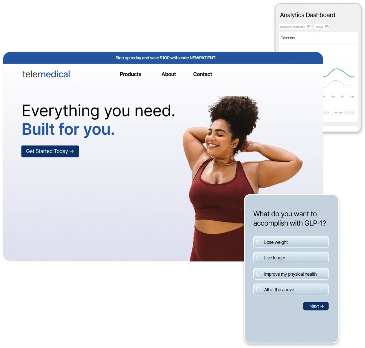 Website homepage for telemedical showing a smiling woman in workout attire, an analytics dashboard with sales graph, and a GLP-1 goal selection form.