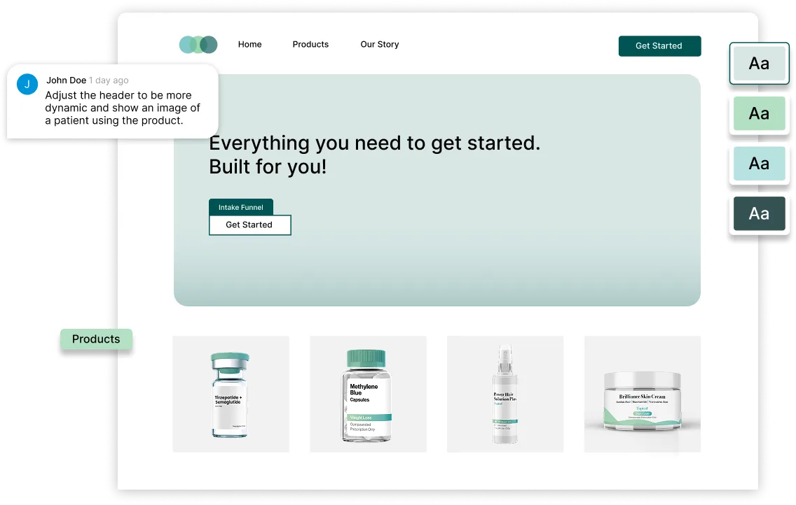 Website homepage with navigation bar, hero text 'Everything you need to get started. Built for you!' and four product images including a vial labeled Tirzepatide + Semaglutide, a bottle of Methylene Blue capsules, a spray bottle, and a jar of Brilliance Skin Cream.