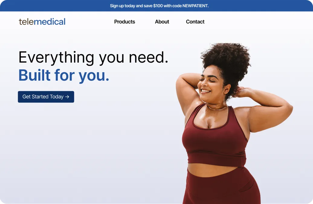 Smiling woman in burgundy workout outfit stretching with hands behind head beside text reading 'Everything you need. Built for you.' and a 'Get Started Today' button.