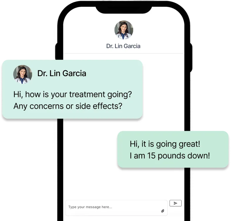 Mobile phone screen showing a chat conversation between Dr. Lin Garcia and a patient, discussing the patient's treatment progress and weight loss.