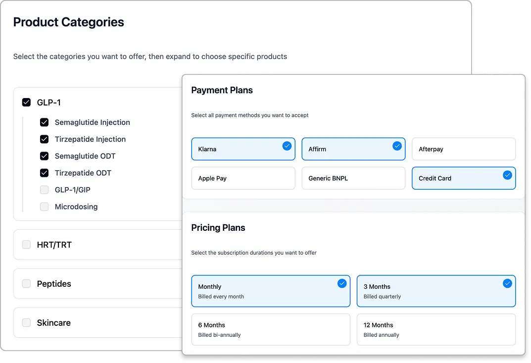 User interface showing product categories with GLP-1 selected and expanded to display Semaglutide and Tirzepatide injection and ODT options, and separate sections for payment plans with Klarna, Affirm, and Credit Card selected, and pricing plans with Monthly and 3 Months options selected.