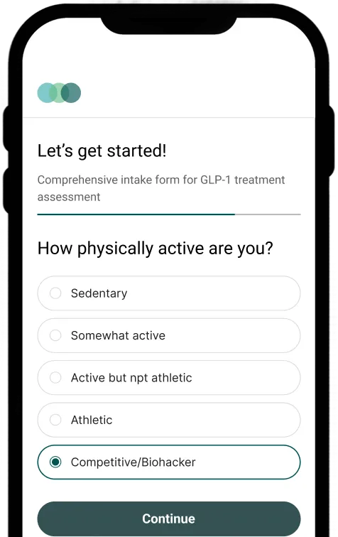 Mobile screen showing a GLP-1 treatment intake form asking, 'How physically active are you?' with options from sedentary to competitive/biohacker, and a continue button.