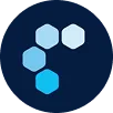 Dark blue circle with six hexagons forming an arrow shape pointing up and right.