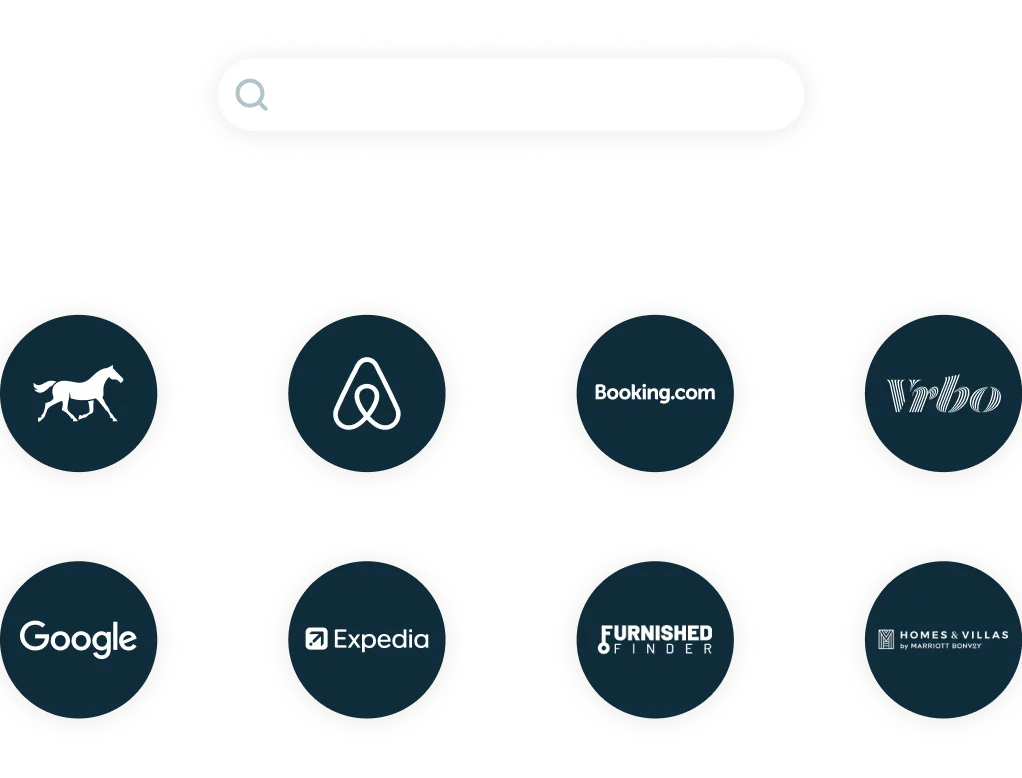 Search bar icon above eight circular logos for horse rental, Airbnb, Booking.com, Vrbo, Google, Expedia, Furnished Finder, and Homes & Villas by Marriott Bonvoy.