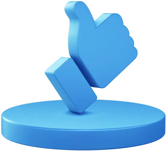3D blue thumbs-up icon floating above a round platform.