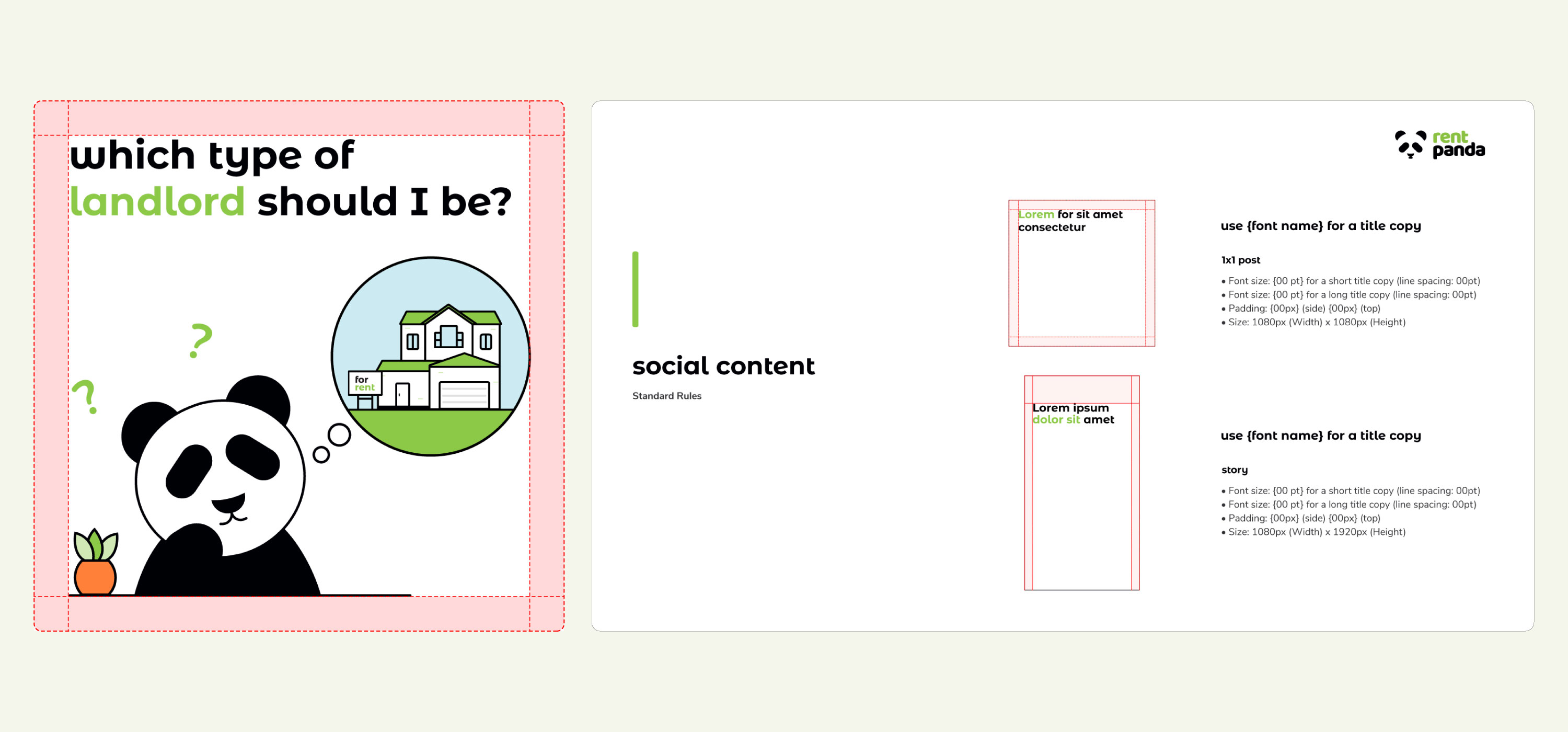 Rent Panda social media layout guidelines showing title sizing, padding and spacing rules