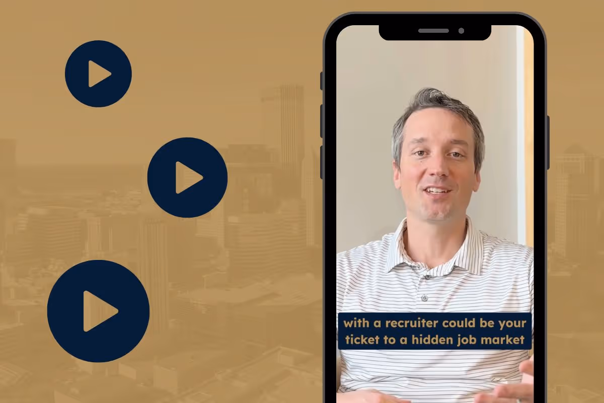 Three play button icons arranged in an order that mirrors the Journey Search Partners logo beside a smartphone with a paused video of Journey Search Partners Vice President Karl Amlie