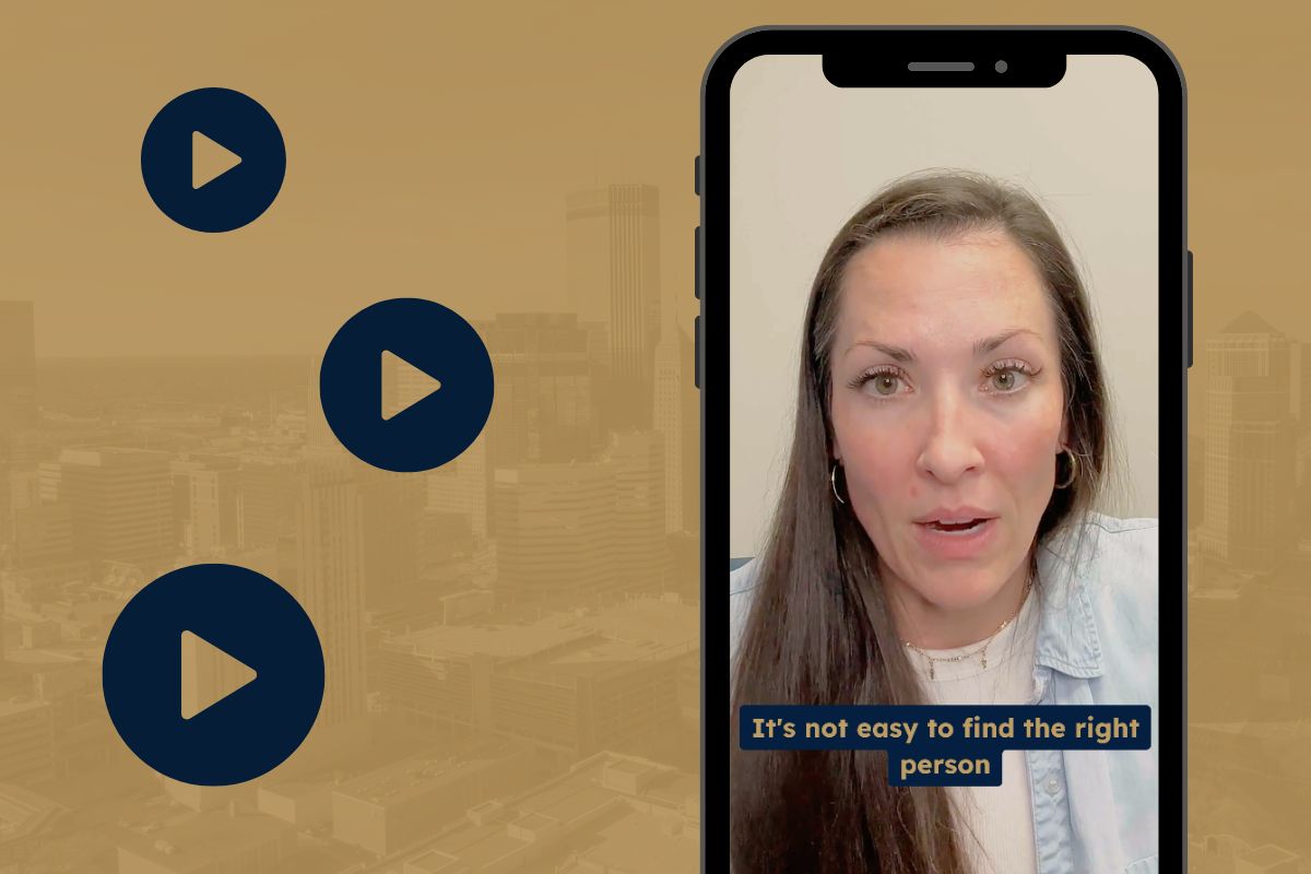Three play button icons arranged in an order that mirrors the Journey Search Partners logo beside a smartphone with a paused video of Director of Operations and Account Management Liv Sampair