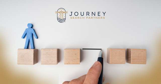 A hand draws a line to bridge a gap in a row of wooden blocks, clearing the path for a small blue figure. Journey Search Partners logo.