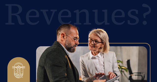 Two professionals discuss something on a tablet beneath the word “Revenues?” Journey Search Partners logo.