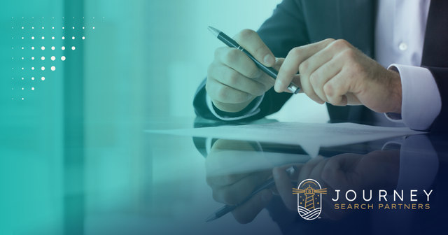 A businessman’s hands hold a pen over a document on a glossy desk, ready to sign. Journey Search Partners logo.