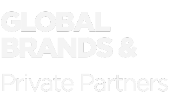 Text reading 'GLOBAL BRANDS & Private Partners' in bold white and light font on a black background.
