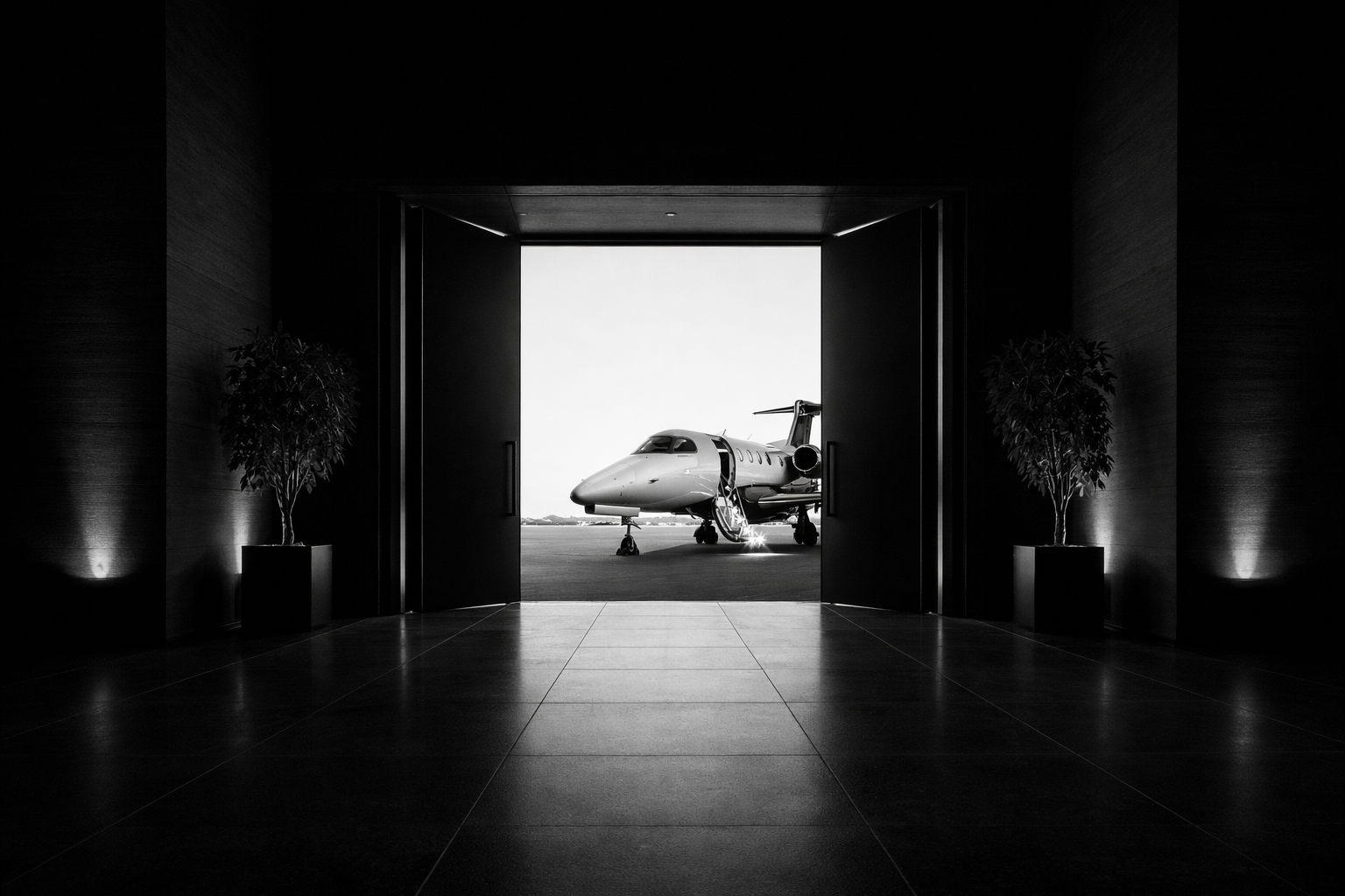 Private jet parked outside a large open doorway, seen from a dimly lit indoor space with potted plants on each side.
