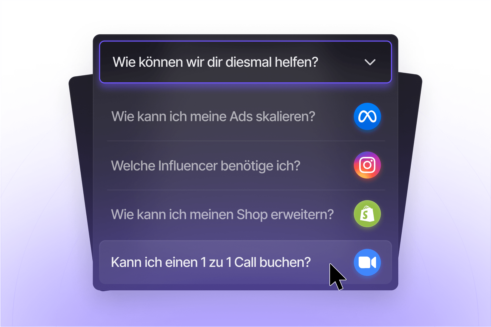 Ein Dialog Widget bietet auswählbare Fragen und führt mit einem deutlichen Call to Action zu einem eins zu eins Gespräch.