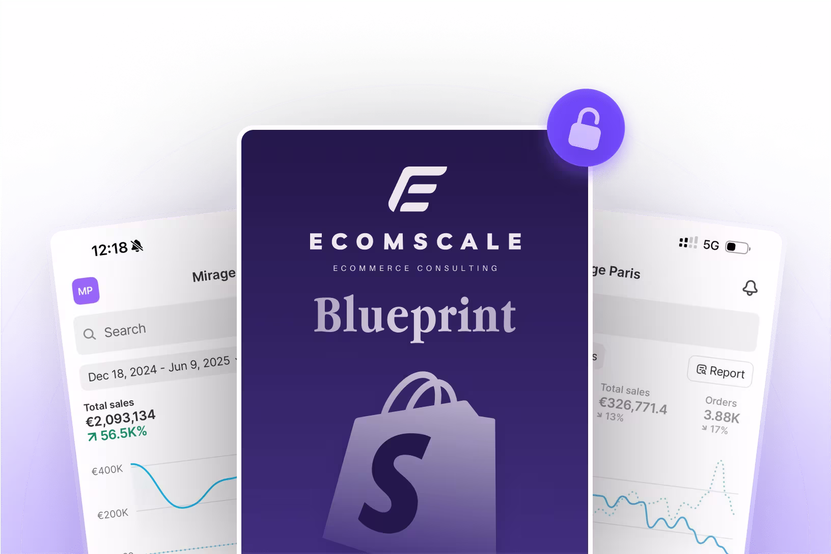 Das Ecomscale Blueprint Cover steht zwischen zwei Smartphones mit Analytics Ansichten vor einem dunklen Verlauf.