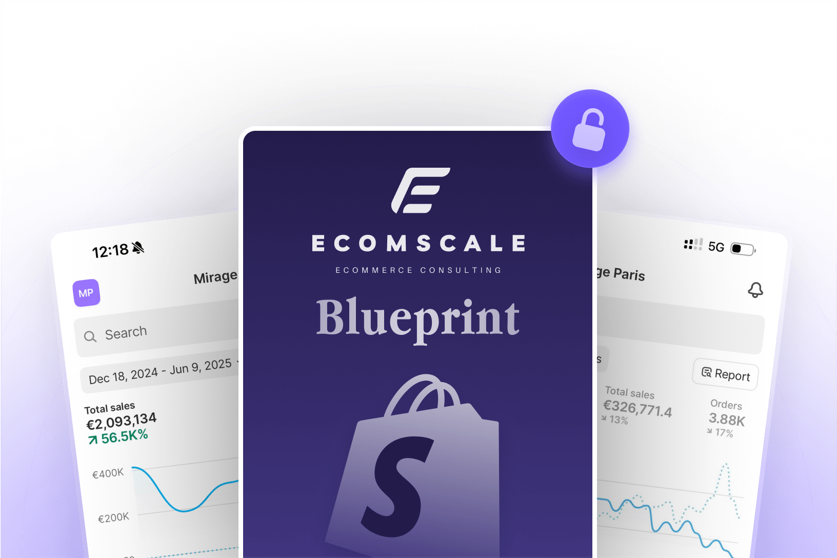 Das Ecomscale Blueprint Cover steht zwischen zwei Smartphones mit Analytics Ansichten vor einem dunklen Verlauf.