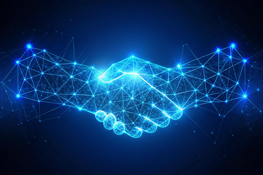 Digital handshake made of glowing blue network connections, symbolizing technology partnership or blockchain agreement
