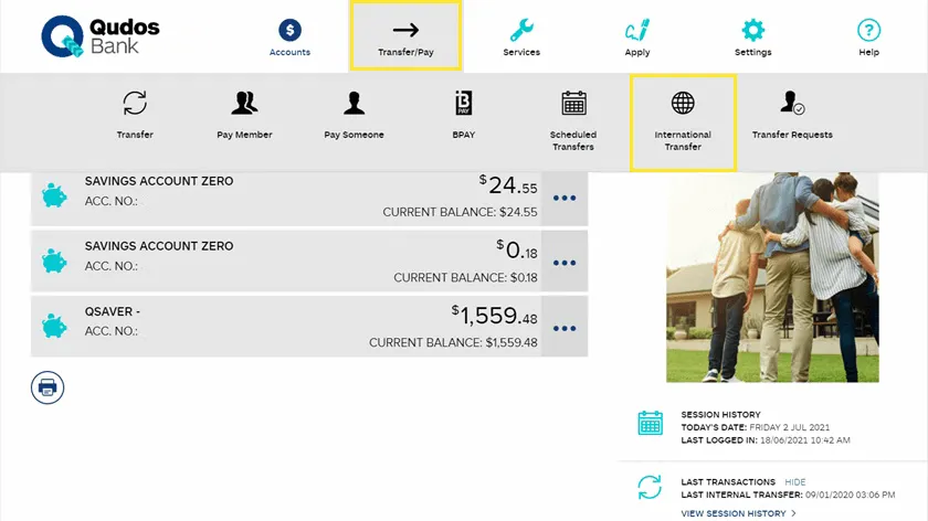 Online Banking portal showing Transfer/Pay and then International Transfer