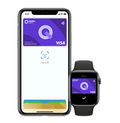 Iphone and apple watch showing Apple Pay with a Qudos Bank Visa Lifestyle Plus card