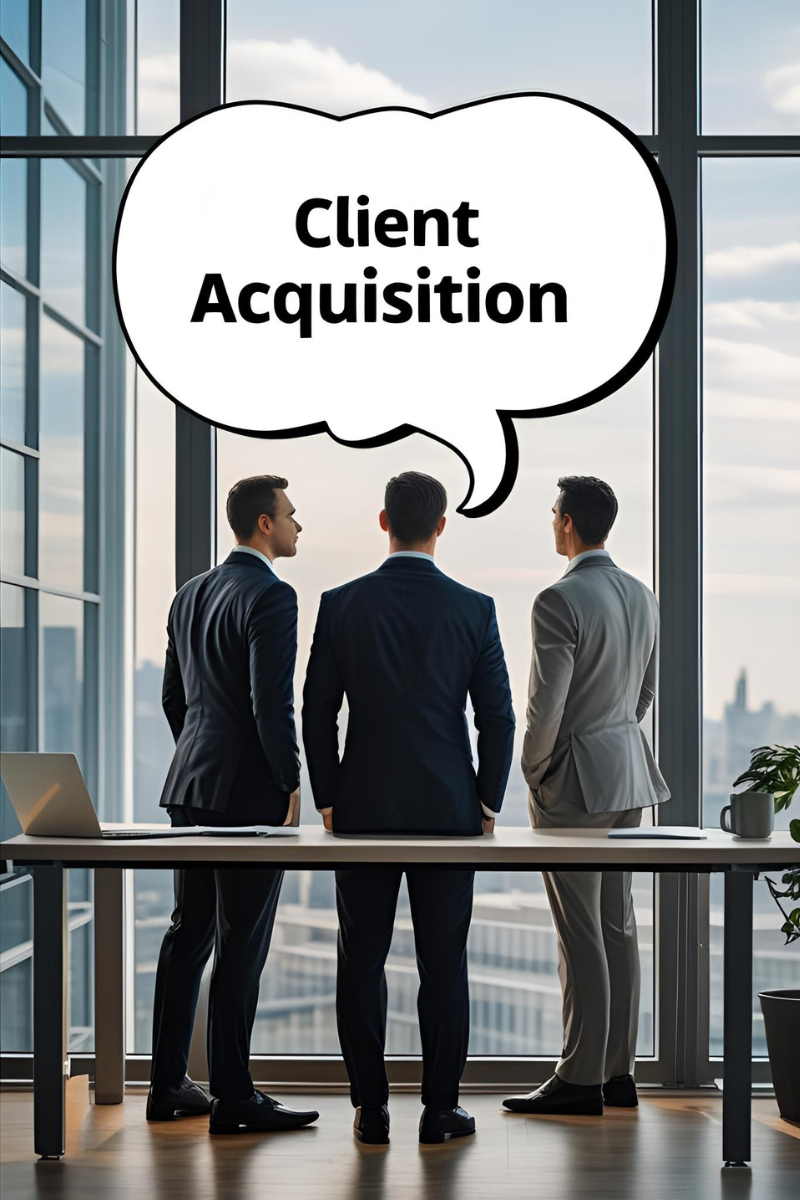 3 marketing executives look at the window of their office discussing the challenges of client acquisition