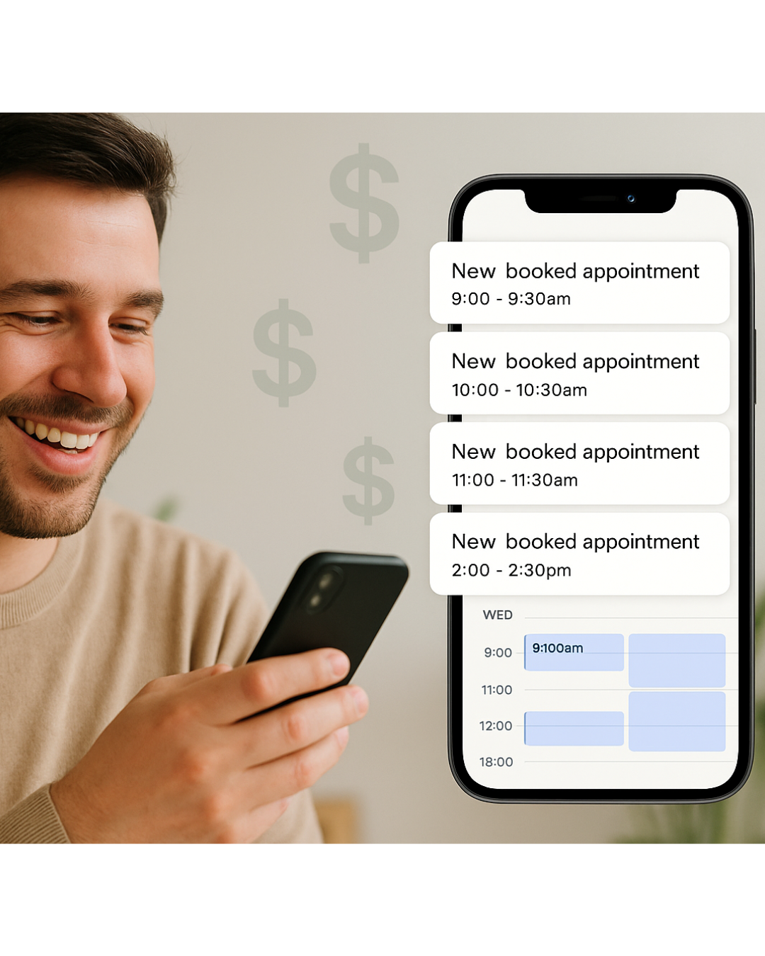 Image showing happy client receiving new booked appointment notifications on their smartphone