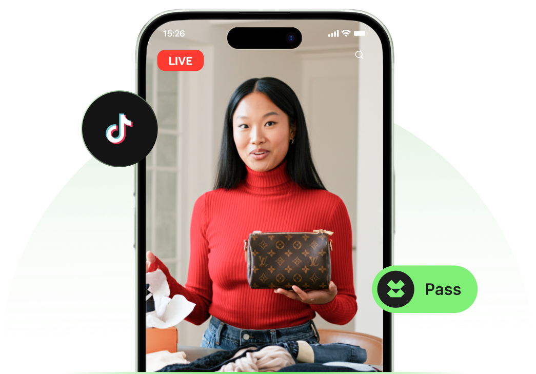 A woman reviewing an authentic approved Louis Vuitton bag in a TikTok livestream.