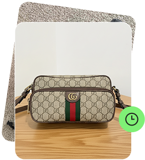 Beige Gucci shoulder bag with GG monogram pattern and green-red-green stripe on wooden surface, and a passed verification status..