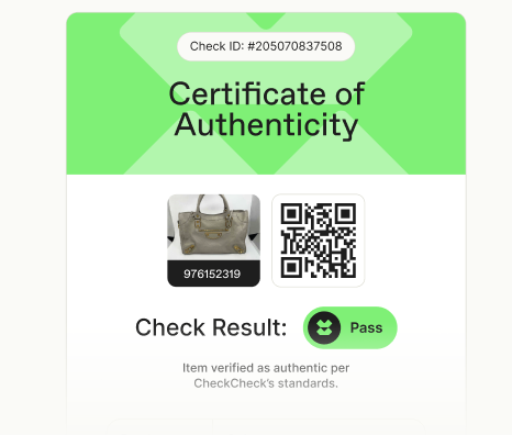 Certificate of Authenticity showing a gray handbag, a QR code, and a passed verification status.