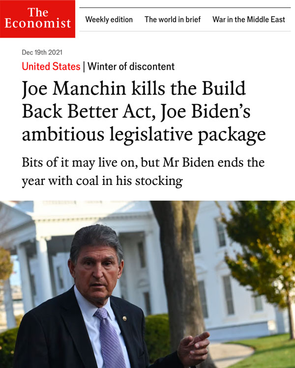 The Economist article: Joe Manchin kills the Build Back Better Act, Joe Biden’s ambitious legislative package