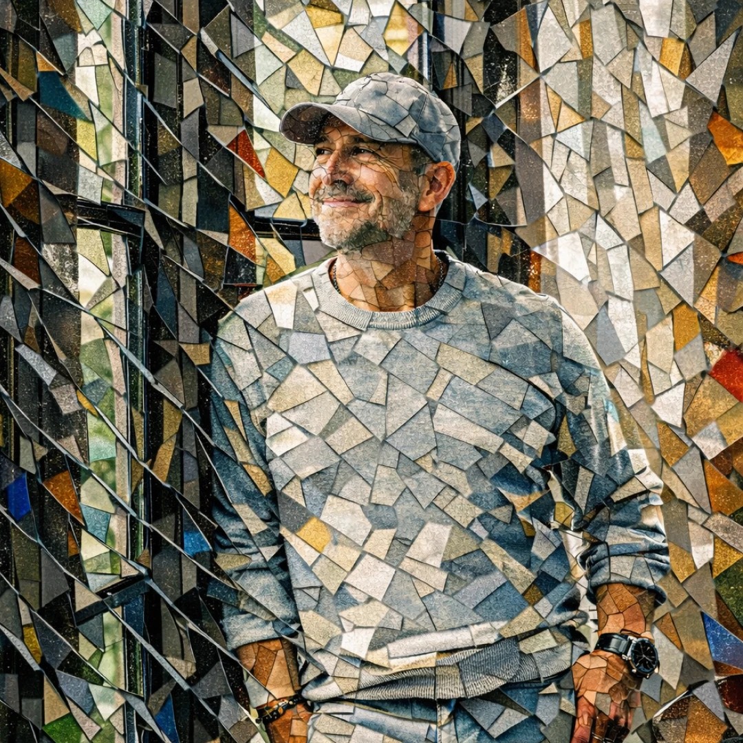 Two people wearing headphones sitting and talking into microphones in a modern podcast studio with a large illuminated G on the wall.
