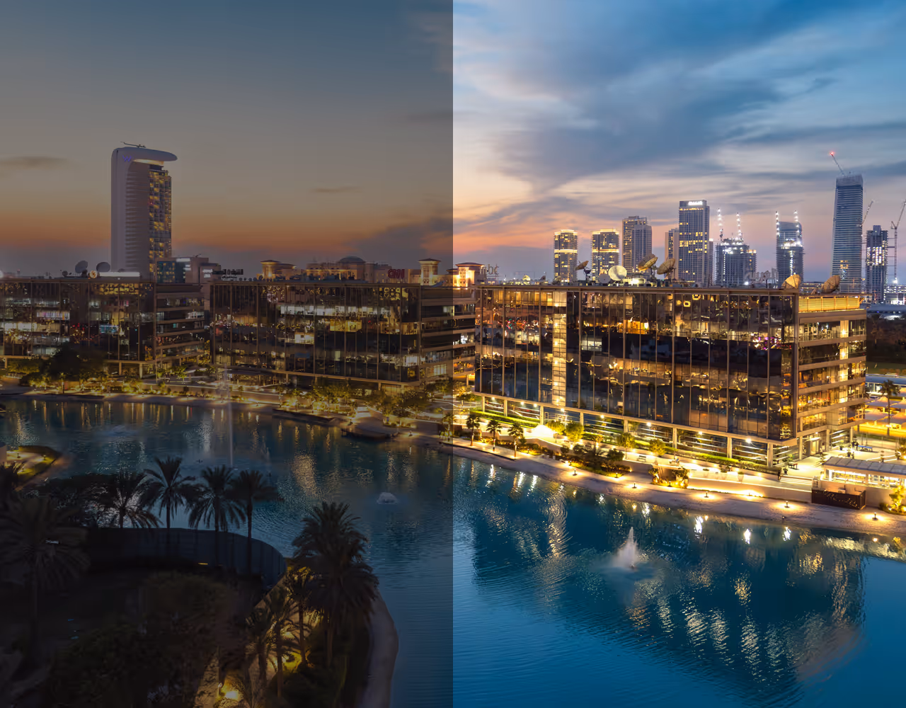 Evening view of Dubai Outsource City from afar boutique offices