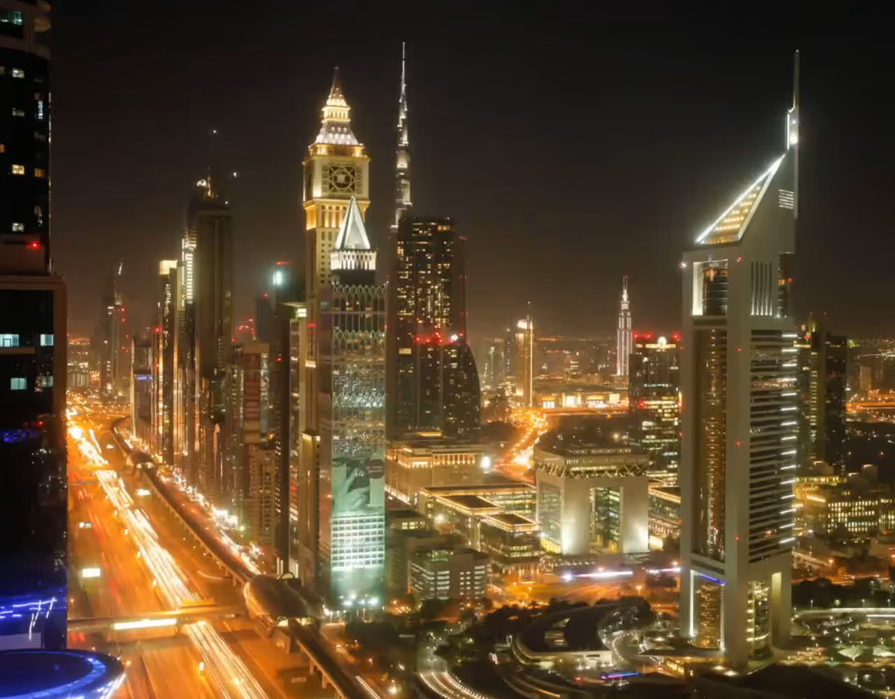 Evening view of Dubai Outsource City from afar