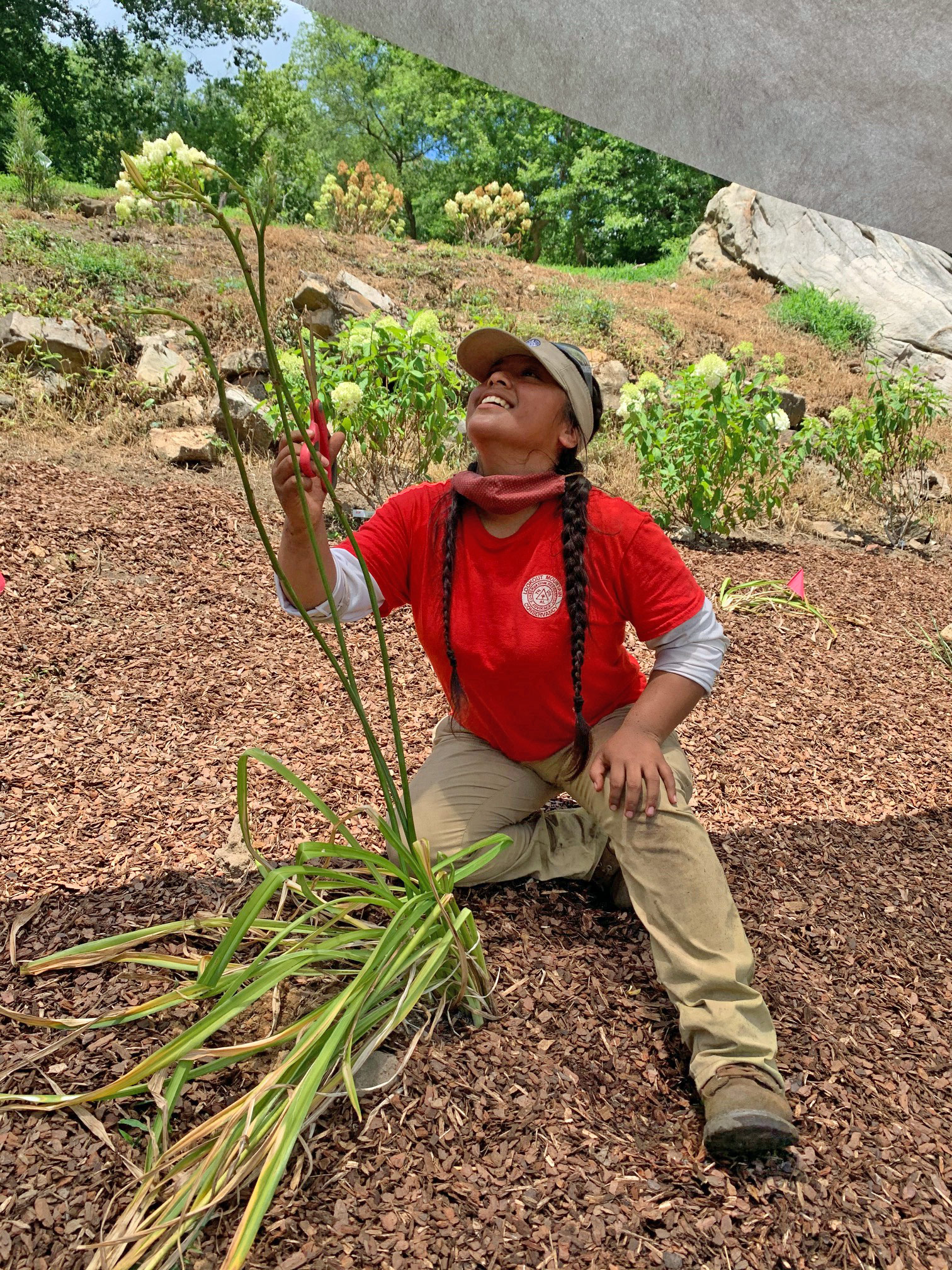 Intern Jennifer cutting landscape fabric