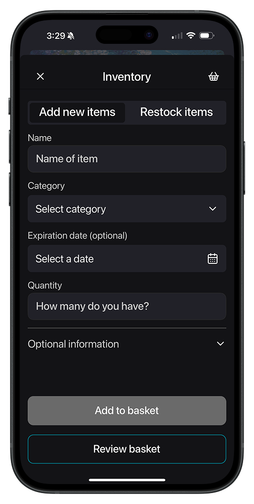 TidyNest add new item screenshot