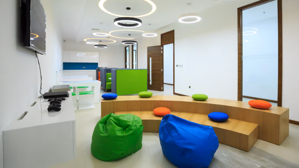 Modern lounge with bean bags and booths at Dubai Knowledge Park.