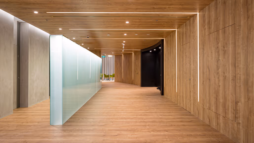 Contemporary hallway interior at Dubai Knowledge Park building.