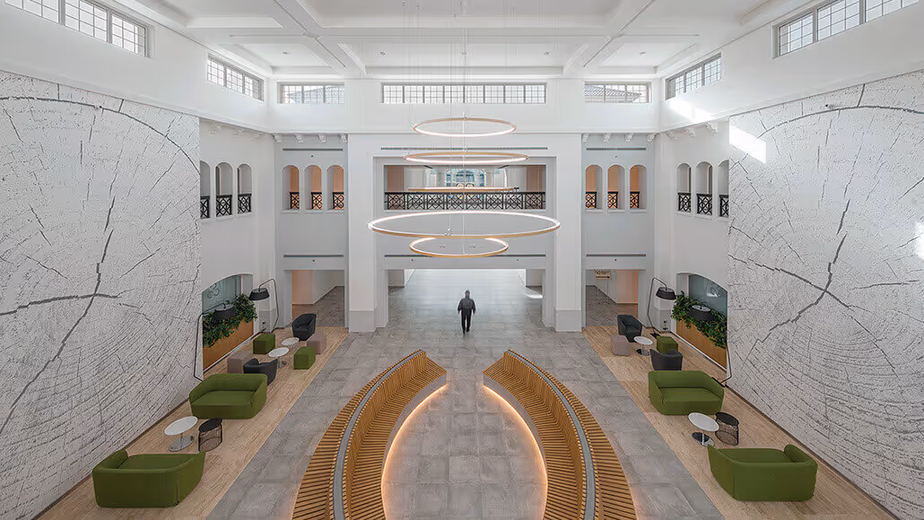 Grand atrium interior with chandelier at Dubai Knowledge Park.