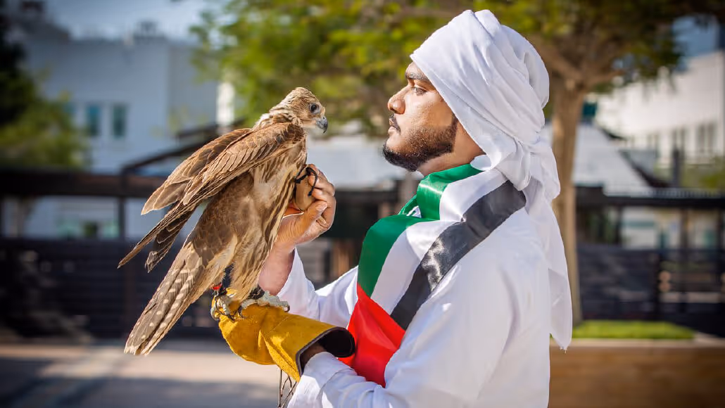 Emirati man holding falcon during Dubai Knowledge Park celebration.