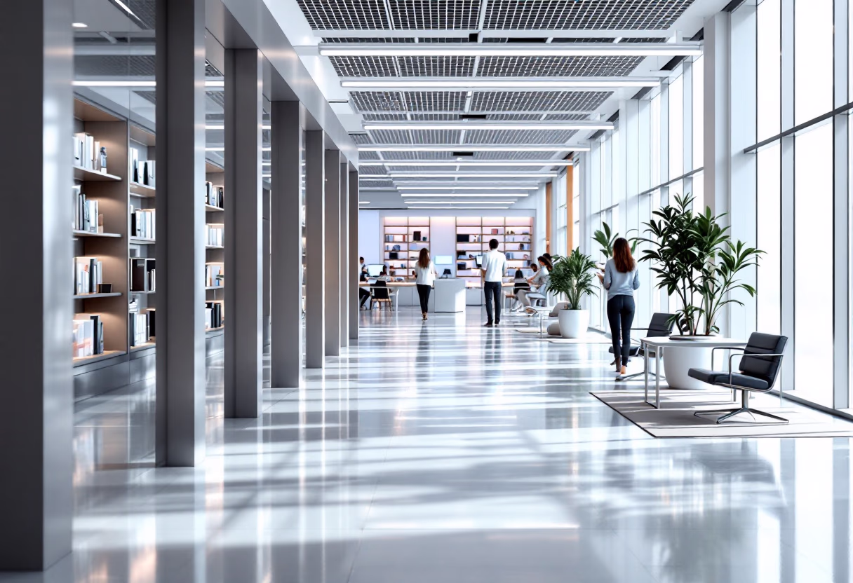 EscrowAgent.ai website hero image showing a modern office hallway — representing AI-powered escrow, payments, and compliance solutions