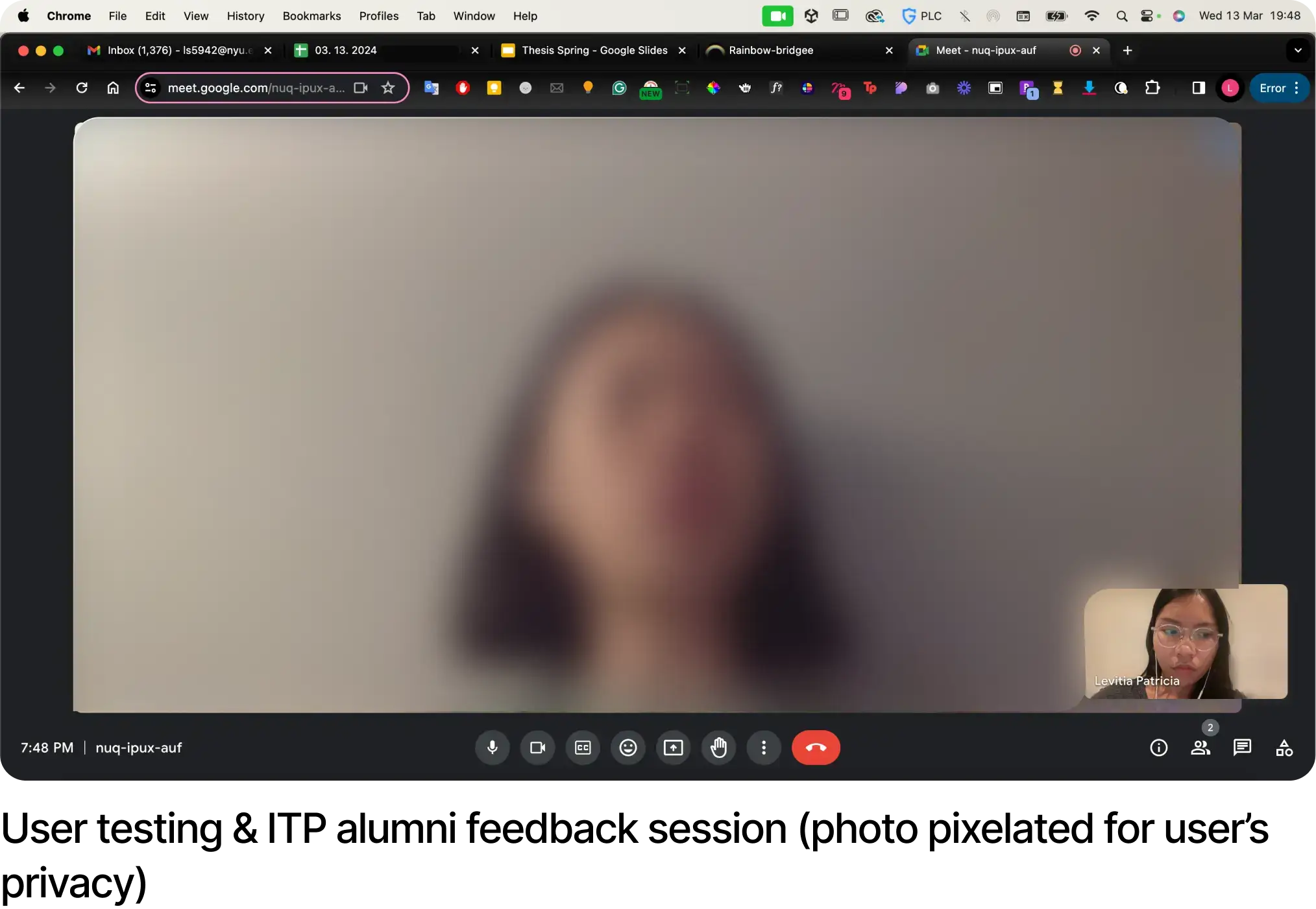 User testing & ITP alumni feedback session (photo pixelated for user’s privacy)